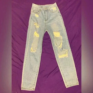 Distressed blue jeans